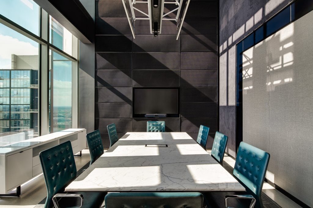 Alliance Bernstein 7 Conference room with marble table, teal chairs, and panoramic views of downtown Nashville, TN.