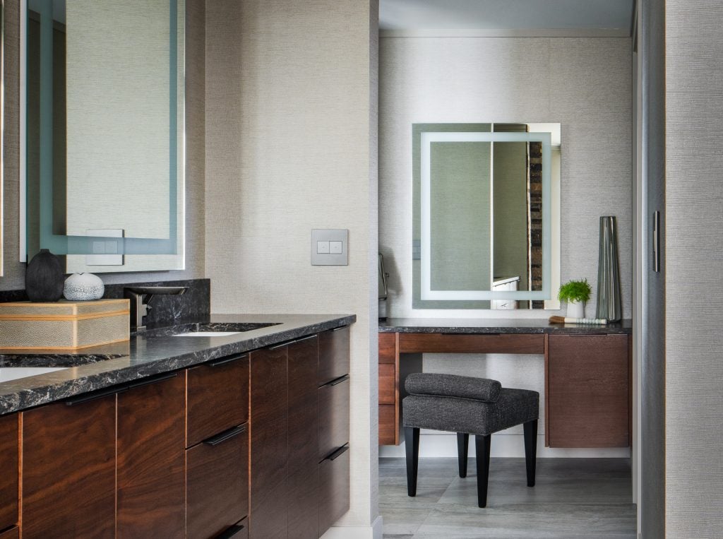 LAKESIDE CONTEMPORARY 8 Spa-like bathroom with a freestanding tub and views of Lake Bemidji.