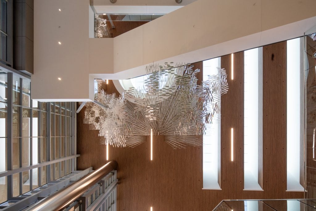 BNA - Nashville Airport 8 Looking up at a suspended metallic art installation at Nashville International Airport.