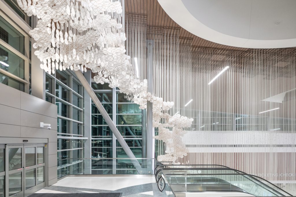 BNA - Nashville Airport 13 Close-up view of the suspended cloud-inspired art installation at Nashville International Airport.