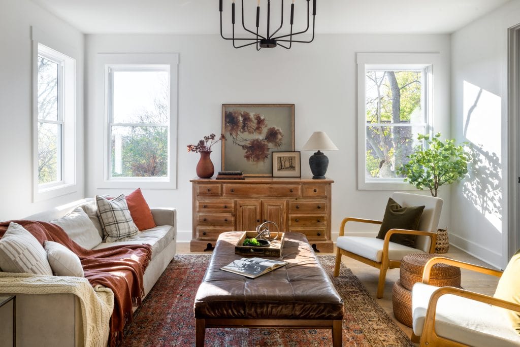 Eastside 9 Cozy living room with warm lighting and vintage decor.