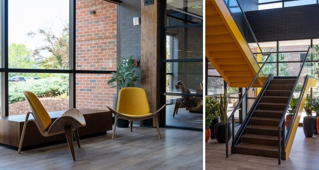 Lifeway 3 Seating area with yellow chairs, wood accents, and floor-to-ceiling windows.