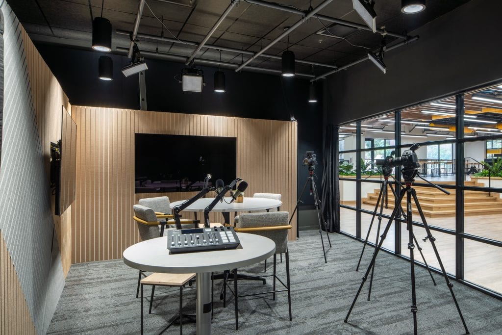 Lifeway 10 Professional podcast studio with recording equipment, cameras, and soundproofing.