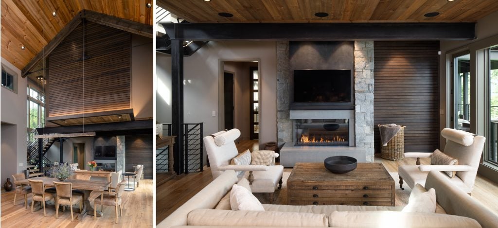 Laketown 4 Spacious living room with vaulted wood ceiling, modern fireplace, and seating.