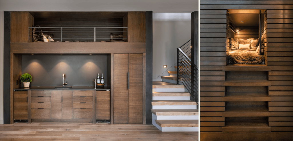 Laketown 7 Luxury loft with built-in wet bar, wood paneling, and stylish staircase.