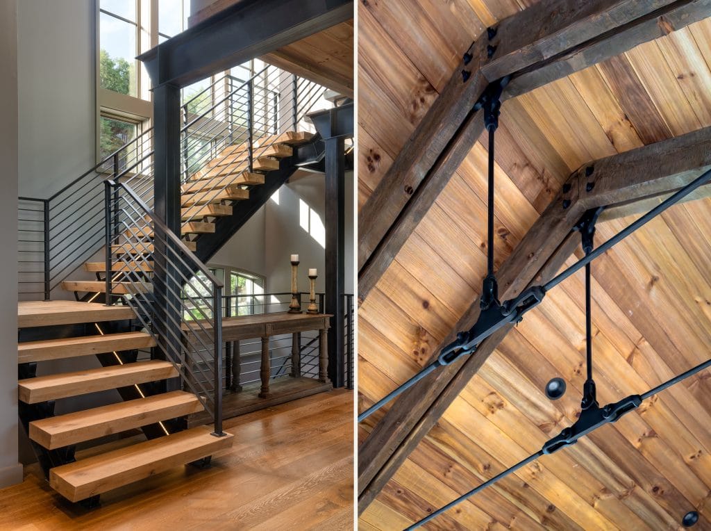 Laketown 5 Contemporary staircase with wood treads, metal railings, and open risers.