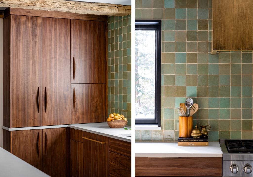MINOR PARK MODERN 3 A detailed view of walnut kitchen cabinetry with a green tile backsplash.