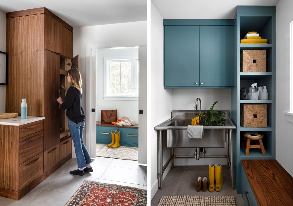 MINOR PARK MODERN 8 A modern mudroom with walnut cabinetry and functional storage solutions.
