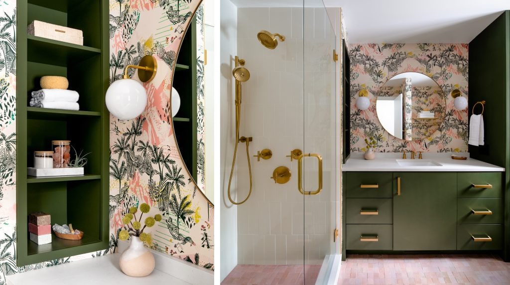 MINOR PARK MODERN 11 A bathroom with a green vanity, floral wallpaper, and brass fixtures.